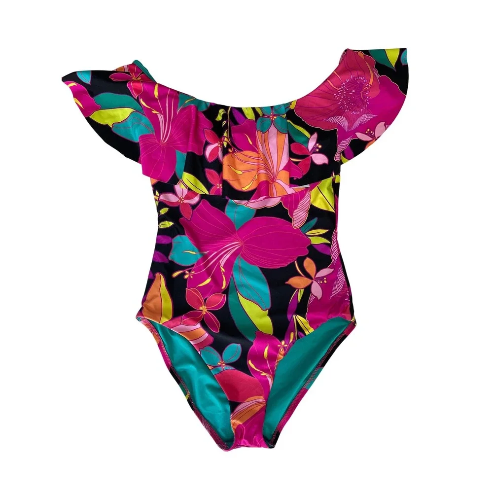 Trina Turk Solar One Piece‎ Off The Shoulder Ruffle Swimsuit Floral Print Size 8